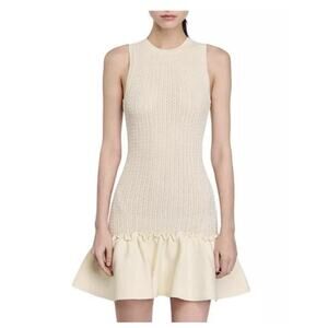 Sandro Short Knit Dress Ruffle Cream White with fabric pull 40